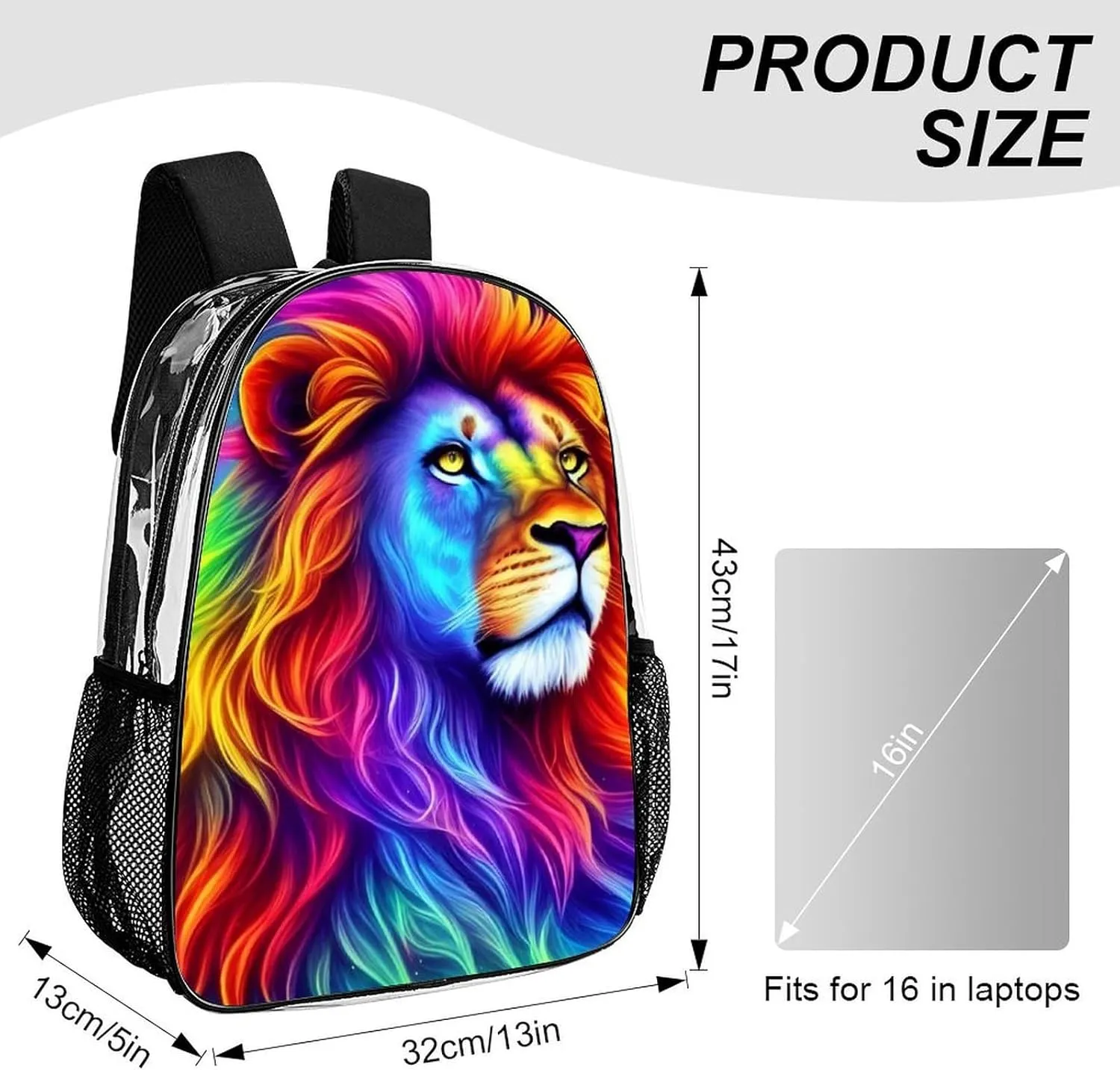Men Women Transparent Cool Lion Rainbow Galaxy Surreal Style Art Daypack Bookbag Big Capacity Shoulder Bag With Padded Straps for Climbing Travel Walking Cycling
