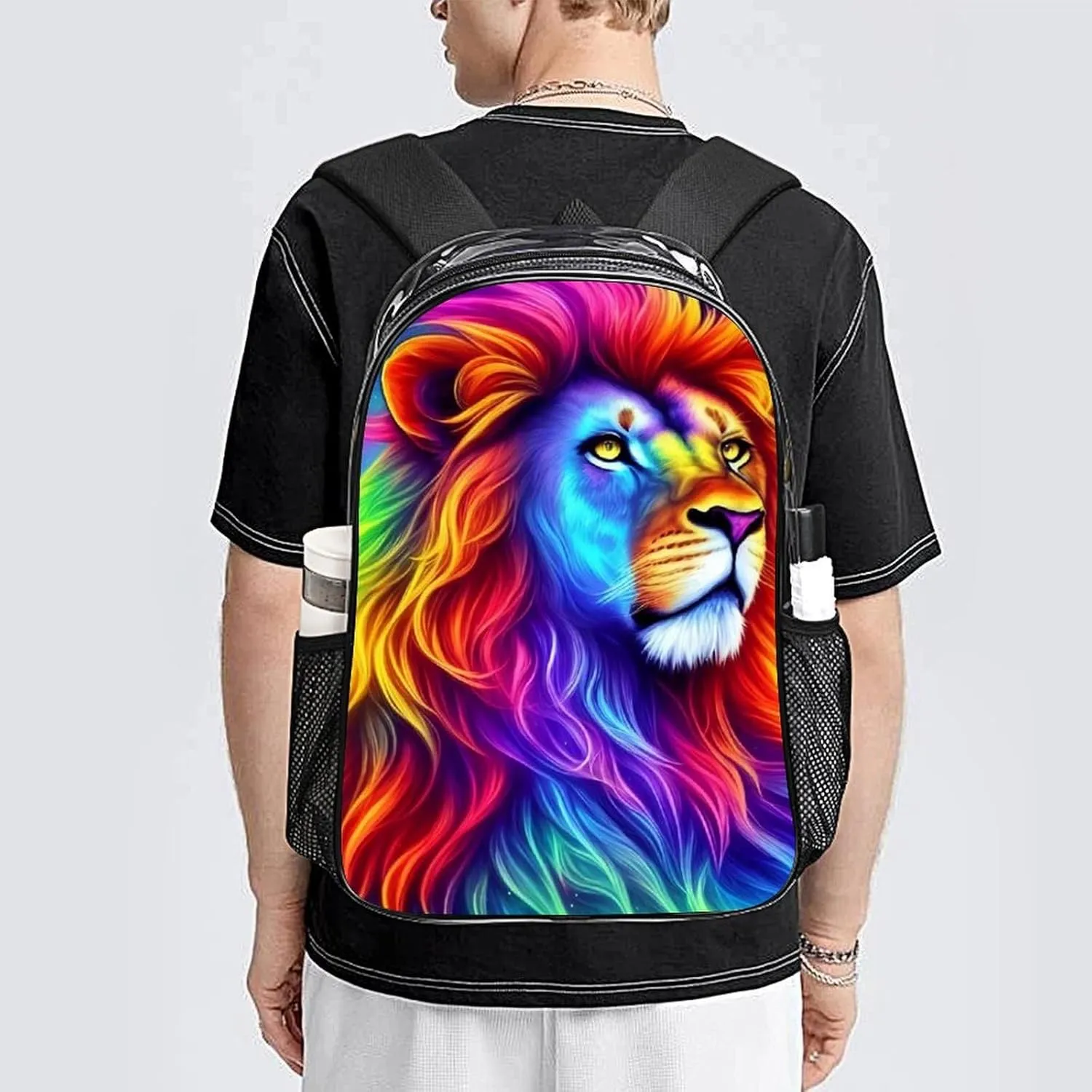 Men Women Transparent Cool Lion Rainbow Galaxy Surreal Style Art Daypack Bookbag Big Capacity Shoulder Bag With Padded Straps for Climbing Travel Walking Cycling