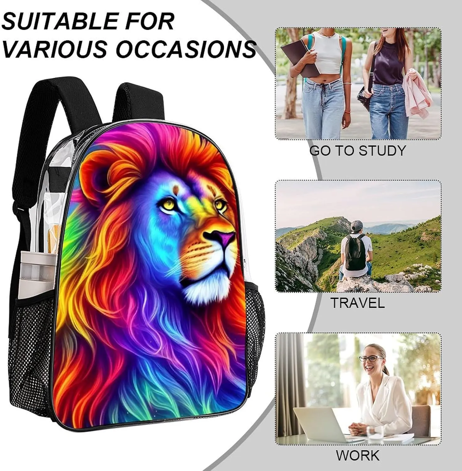 Men Women Transparent Cool Lion Rainbow Galaxy Surreal Style Art Daypack Bookbag Big Capacity Shoulder Bag With Padded Straps for Climbing Travel Walking Cycling