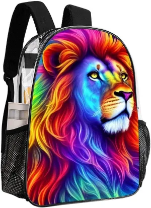 Men Women Transparent Cool Lion Rainbow Galaxy Surreal Style Art Daypack Bookbag Big Capacity Shoulder Bag With Padded Straps for Climbing Travel Walking Cycling