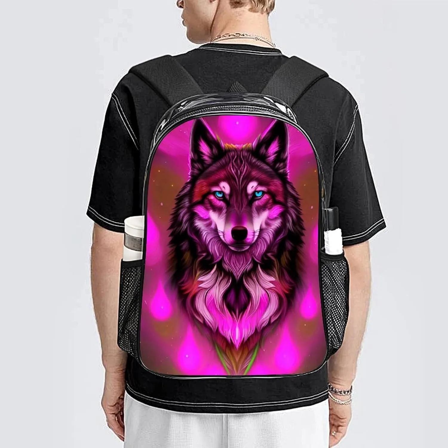Men Women Transparent Fantastic Wolf Art Daypack Big Capacity Shoulder Bag With Smooth Zippers for Hiking Work Walking Cycling