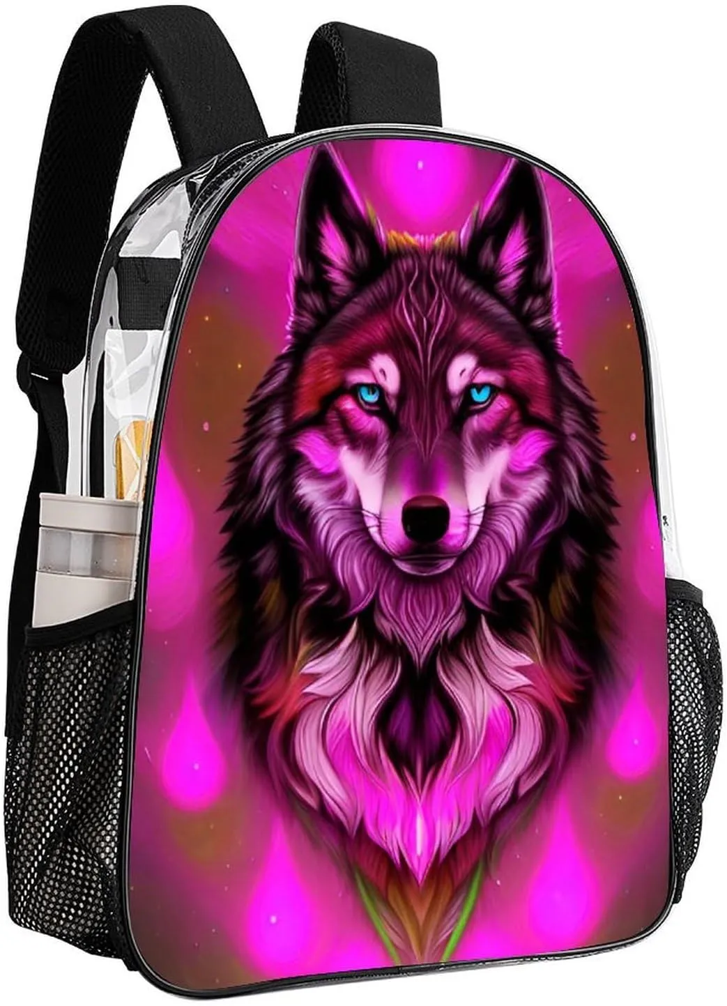 Men Women Transparent Fantastic Wolf Art Daypack Big Capacity Shoulder Bag With Smooth Zippers for Hiking Work Walking Cycling