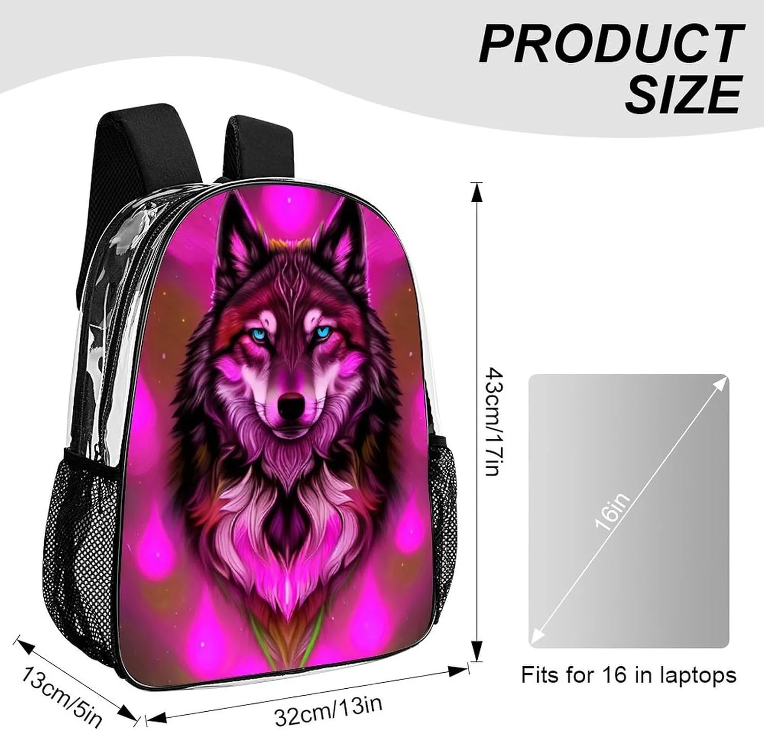 Men Women Transparent Fantastic Wolf Art Daypack Big Capacity Shoulder Bag With Smooth Zippers for Hiking Work Walking Cycling