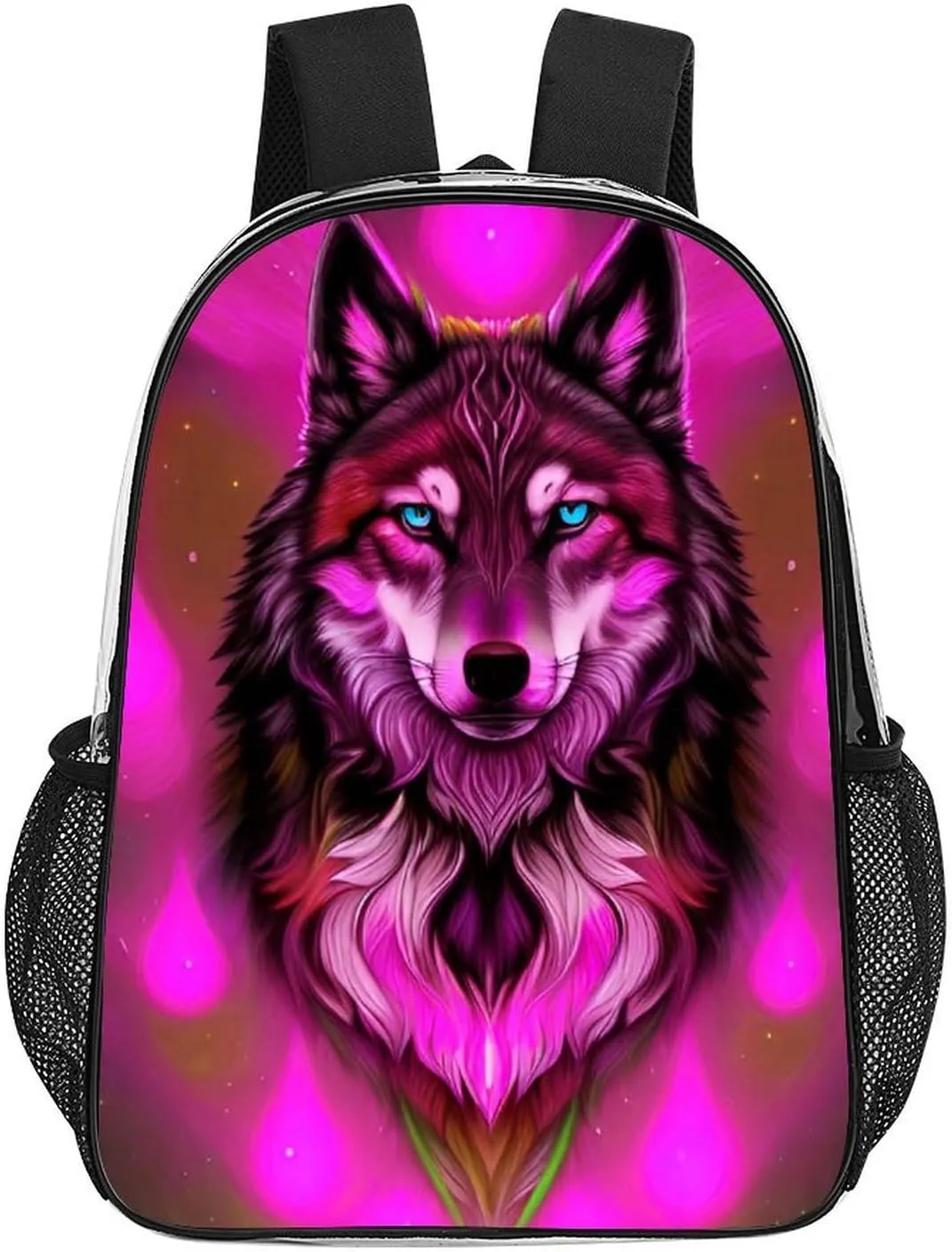 Men Women Transparent Fantastic Wolf Art Daypack Big Capacity Shoulder Bag With Smooth Zippers for Hiking Work Walking Cycling