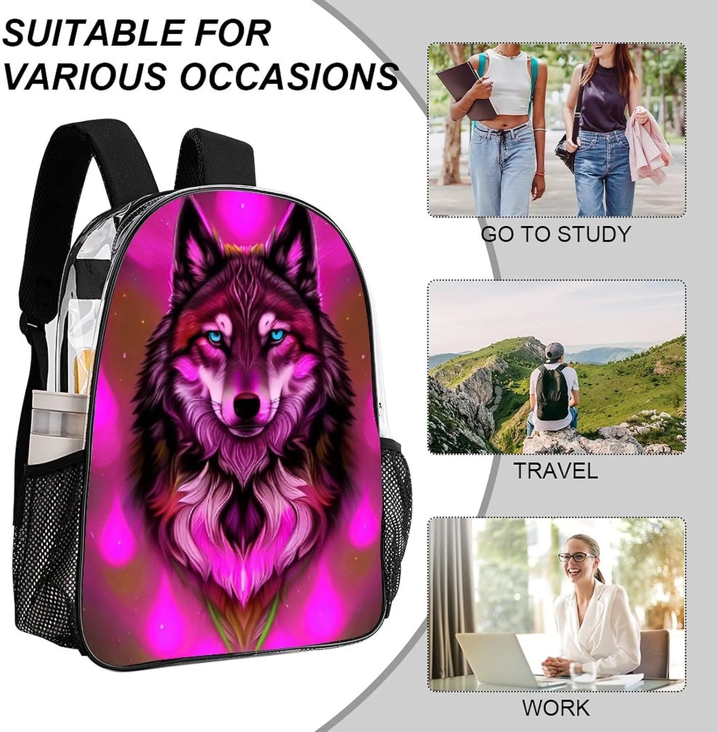 Men Women Transparent Fantastic Wolf Art Daypack Big Capacity Shoulder Bag With Smooth Zippers for Hiking Work Walking Cycling