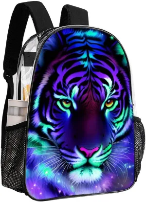 Men Women Transparent Mystic Fantasy Galaxy Sky Fantasy Tiger Wild Animals Boho Style Casual Daypack Large Capacity Carry On Bag With Adjustable Shoulder Straps for Camping Work Running