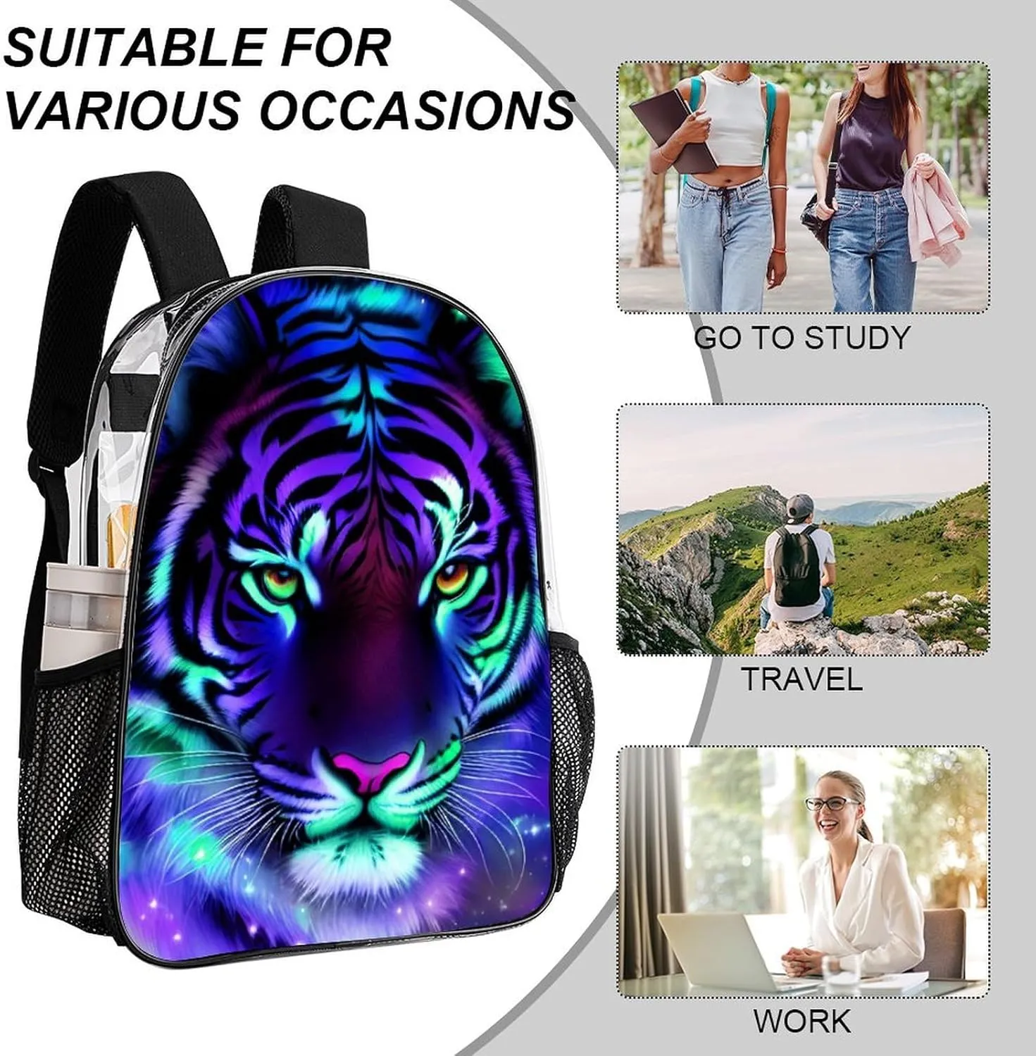 Men Women Transparent Mystic Fantasy Galaxy Sky Fantasy Tiger Wild Animals Boho Style Casual Daypack Large Capacity Carry On Bag With Adjustable Shoulder Straps for Camping Work Running
