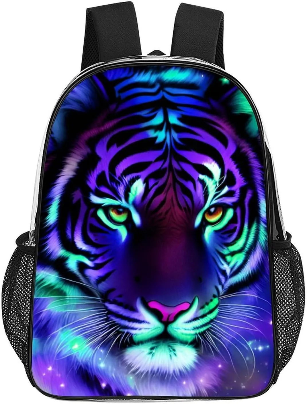 Men Women Transparent Mystic Fantasy Galaxy Sky Fantasy Tiger Wild Animals Boho Style Casual Daypack Large Capacity Carry On Bag With Adjustable Shoulder Straps for Camping Work Running