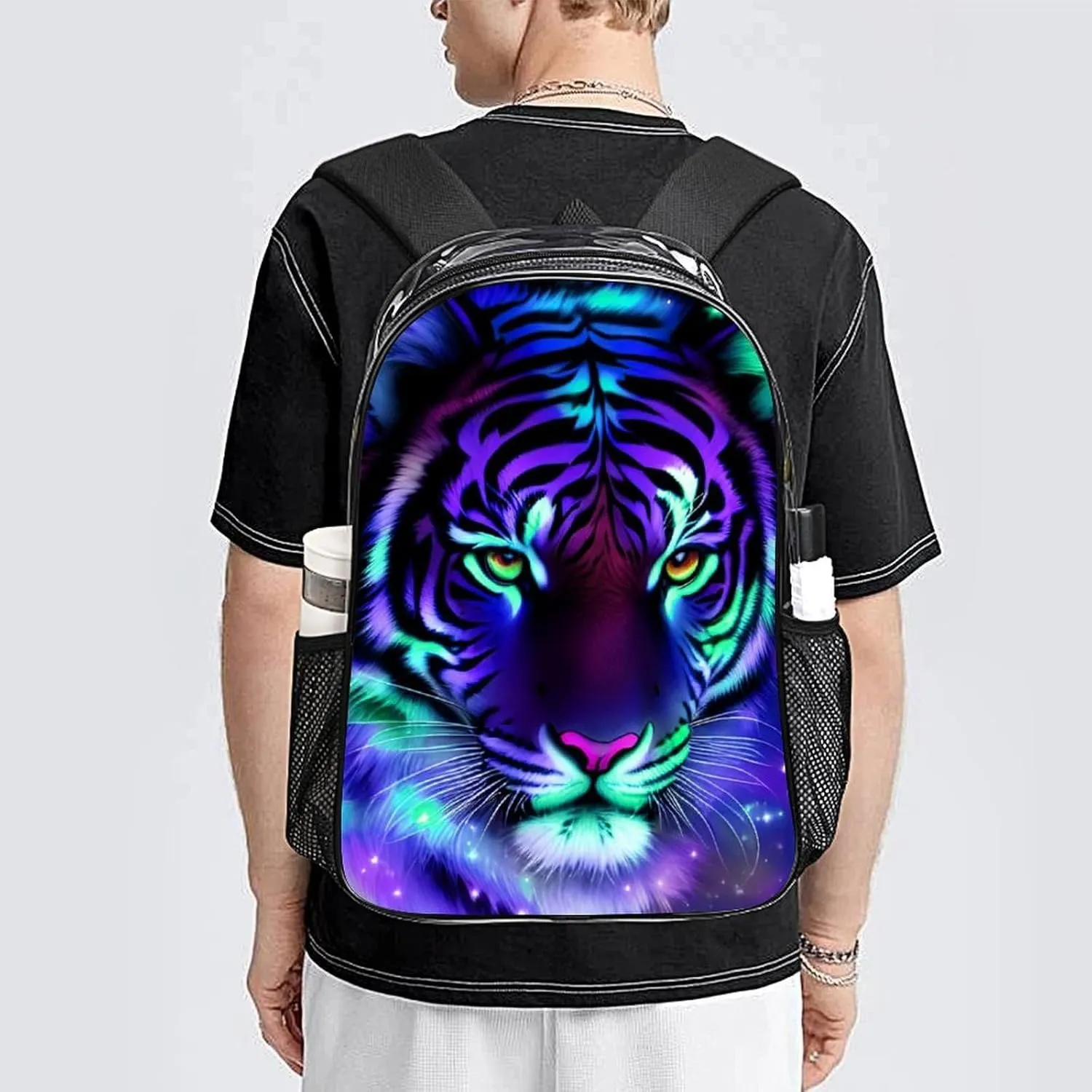 Men Women Transparent Mystic Fantasy Galaxy Sky Fantasy Tiger Wild Animals Boho Style Casual Daypack Large Capacity Carry On Bag With Adjustable Shoulder Straps for Camping Work Running