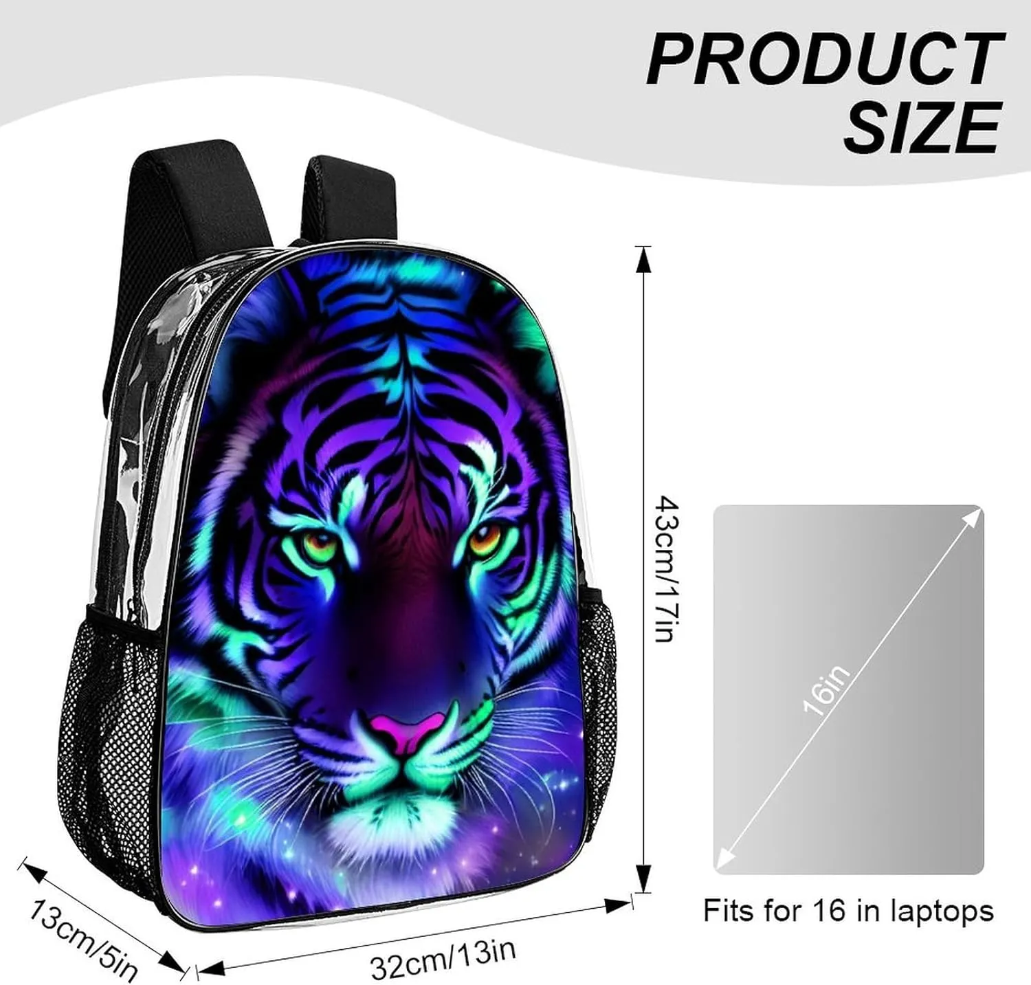 Men Women Transparent Mystic Fantasy Galaxy Sky Fantasy Tiger Wild Animals Boho Style Casual Daypack Large Capacity Carry On Bag With Adjustable Shoulder Straps for Camping Work Running