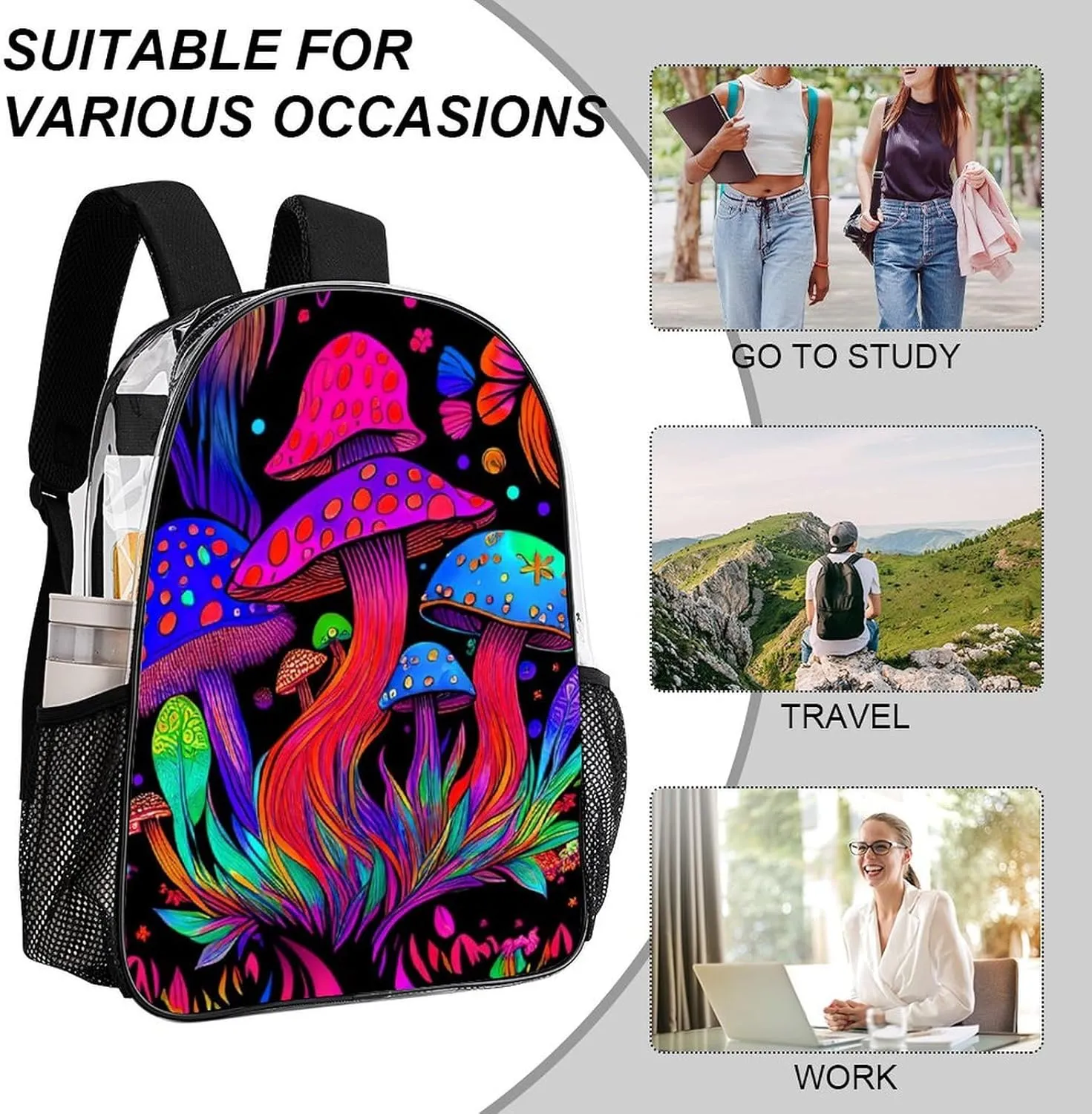 Men Women Transparent Psychedelic Mushroom Trippy Magic Art Casual Daypack Large Capacity Carry On Bag With Adjustable Shoulder Straps for Camping Work Running