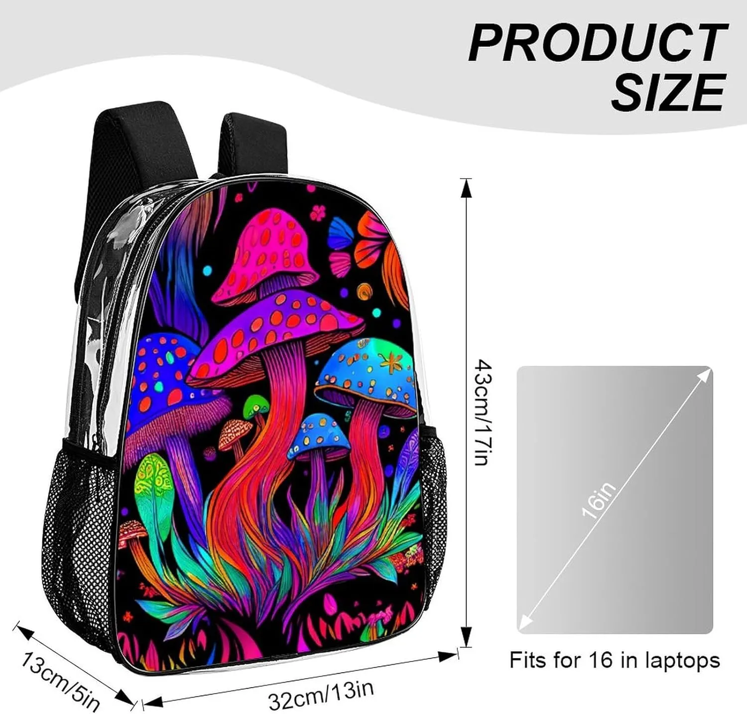 Men Women Transparent Psychedelic Mushroom Trippy Magic Art Casual Daypack Large Capacity Carry On Bag With Adjustable Shoulder Straps for Camping Work Running
