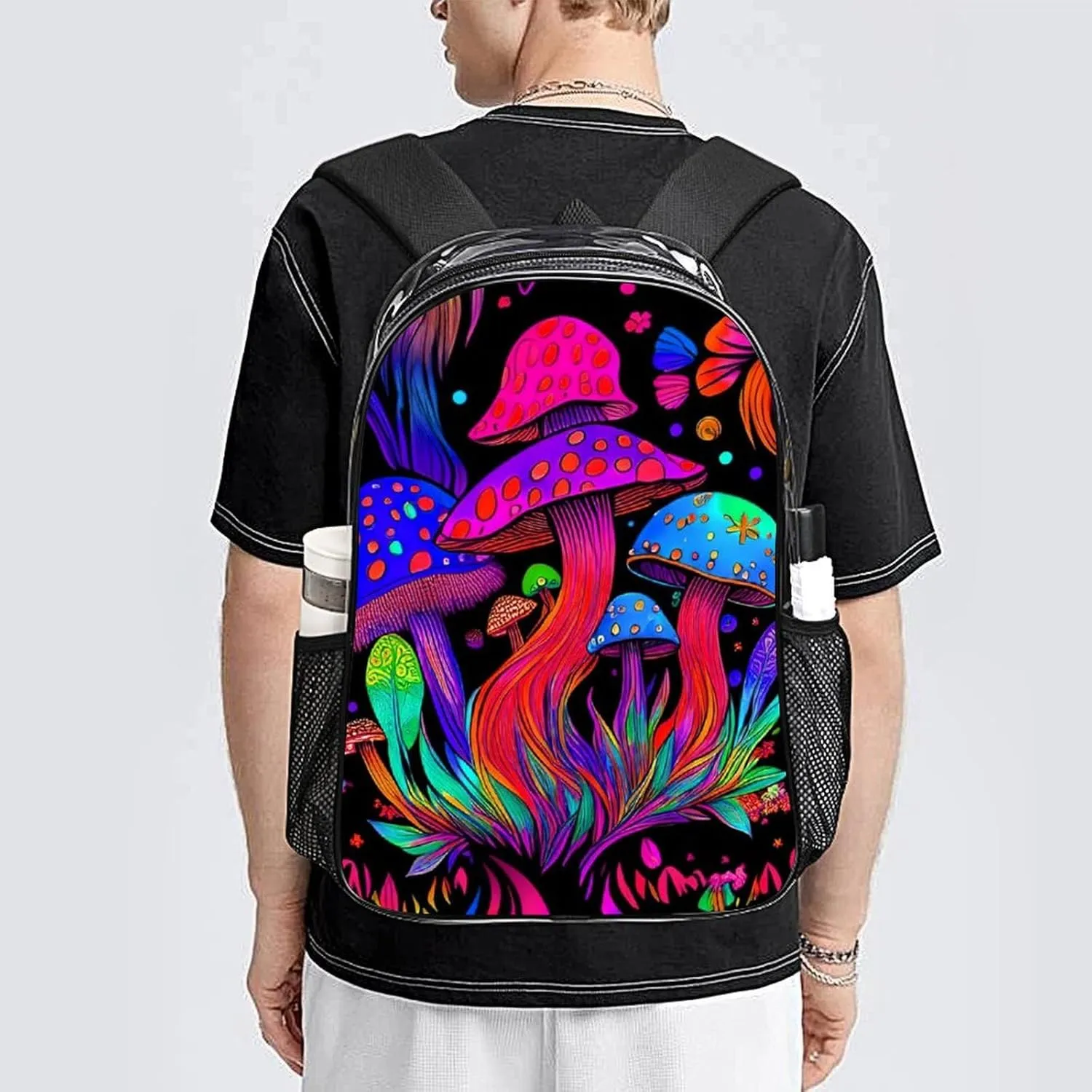 Men Women Transparent Psychedelic Mushroom Trippy Magic Art Casual Daypack Large Capacity Carry On Bag With Adjustable Shoulder Straps for Camping Work Running