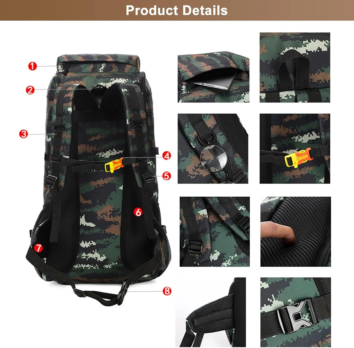 Men's Camping Backpack 70L Travel Duffel Bags Oxford Cloth Women's Daypack Large Capacity Outdoor Hiking Rucksack (Brown)