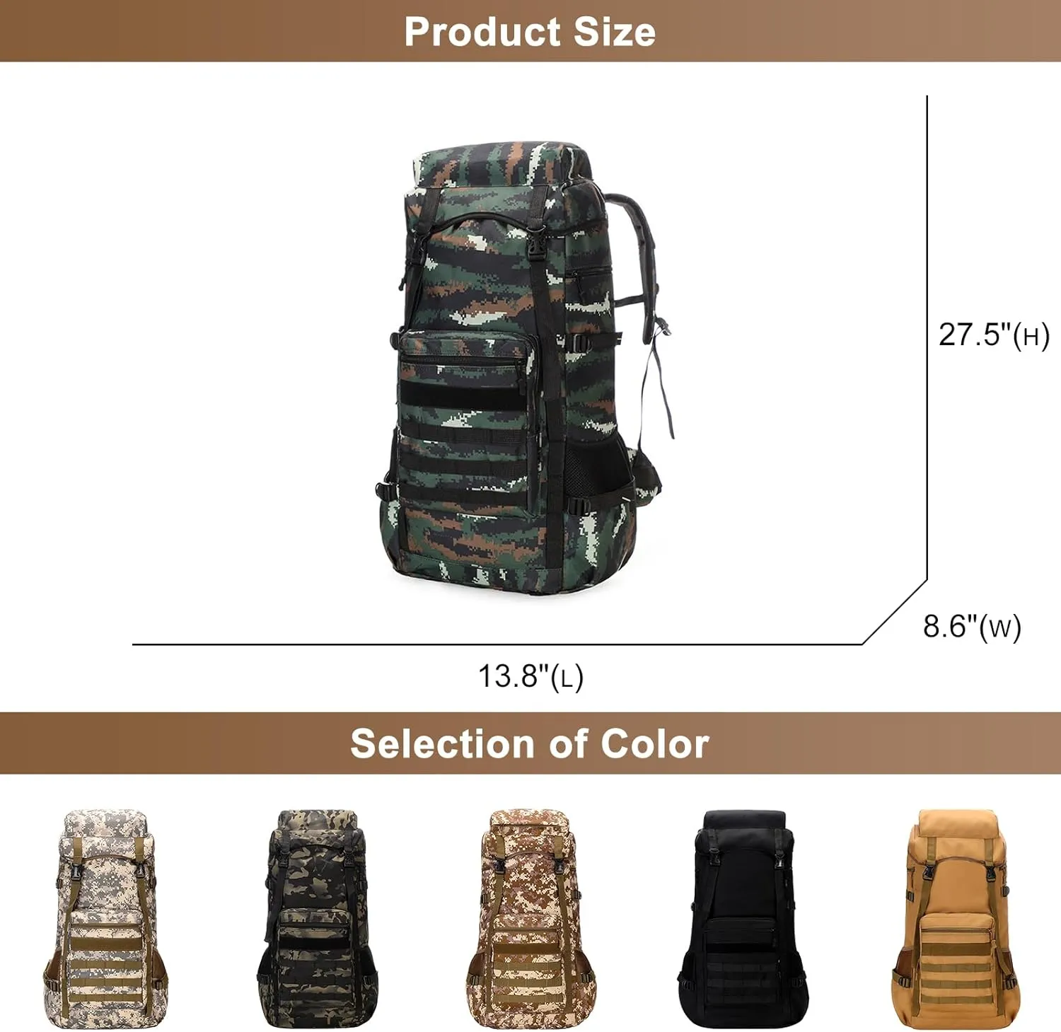 Men's Camping Backpack 70L Travel Duffel Bags Oxford Cloth Women's Daypack Large Capacity Outdoor Hiking Rucksack (Brown)