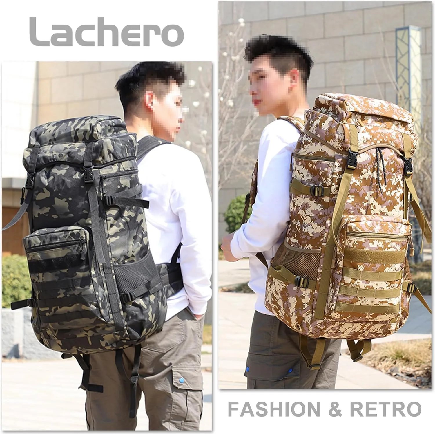 Men's Camping Backpack 70L Travel Duffel Bags Oxford Cloth Women's Daypack Large Capacity Outdoor Hiking Rucksack (Brown)