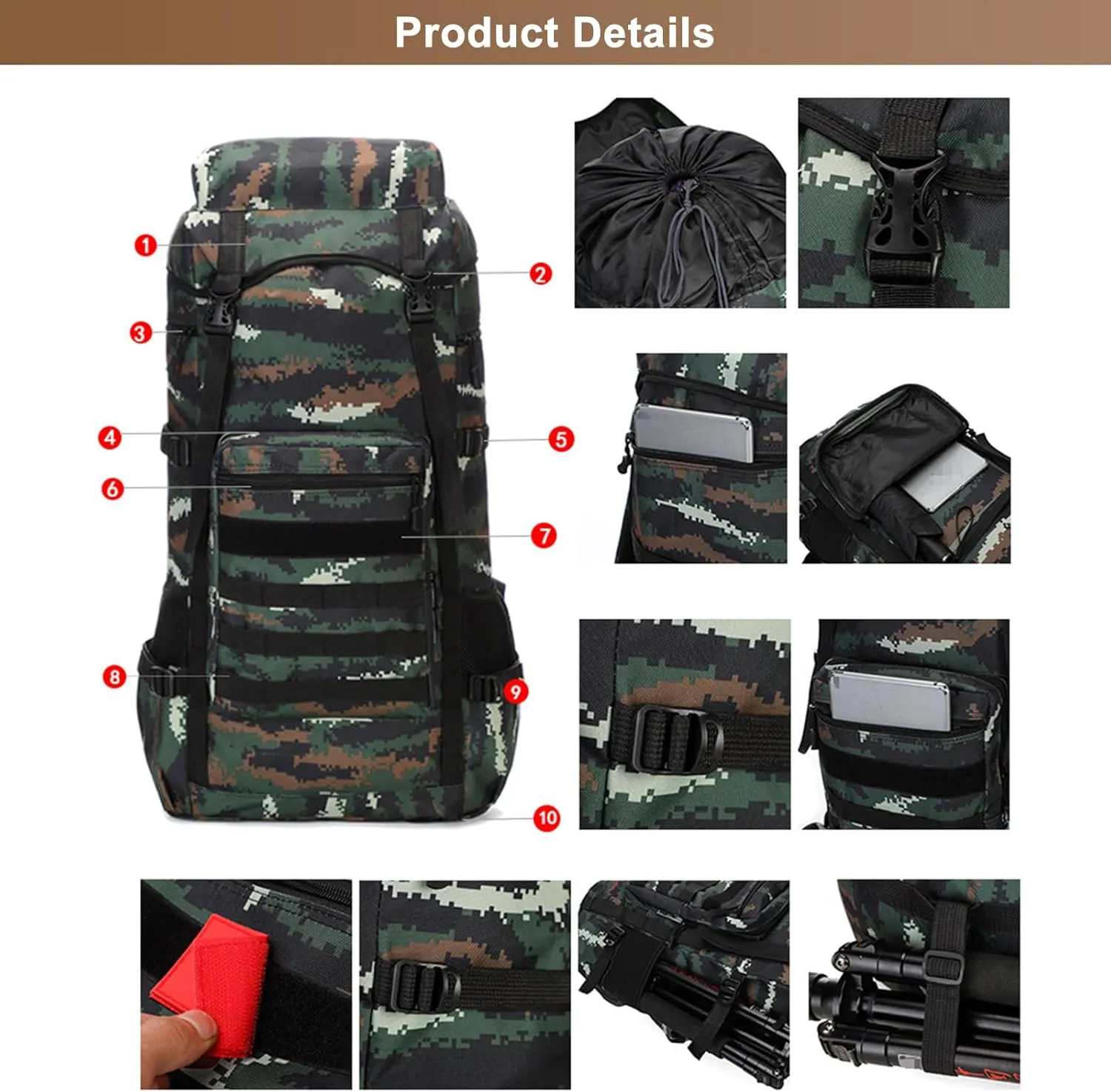 Men's Camping Backpack 70L Travel Duffel Bags Oxford Cloth Women's Daypack Large Capacity Outdoor Hiking Rucksack (Brown)