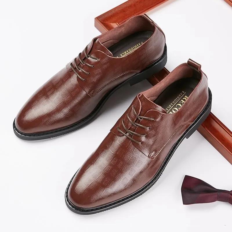 Men's Embossing Business Casual Leather Shoes Low-top Pointed Toe Soft-Soled Lace-up Oxford Shoes Slip Wear-Resistant Rubber Dress Shoes for Men