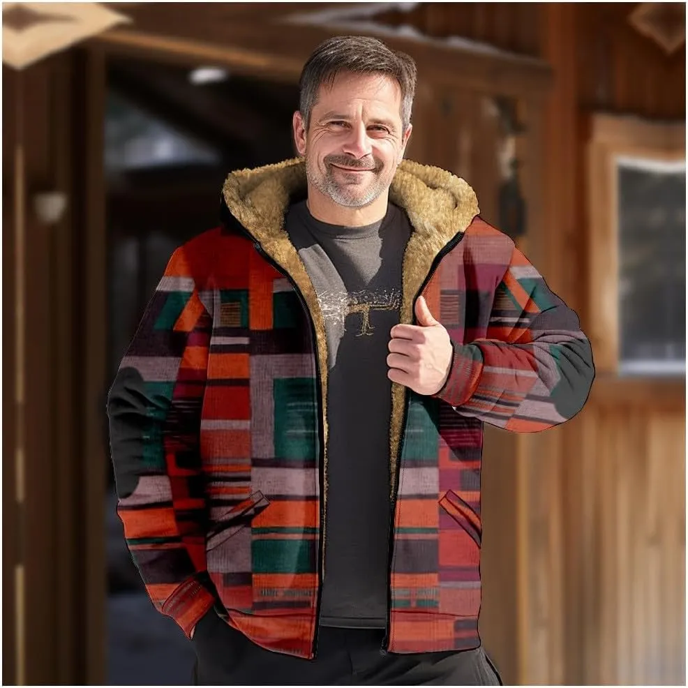 Mens Fuzzy Sherpa Jacket Long Sleeve Fleece Zip Up Coat Fall Winter Puffer Jacket Casual Zipper Varsity Coat Hooded