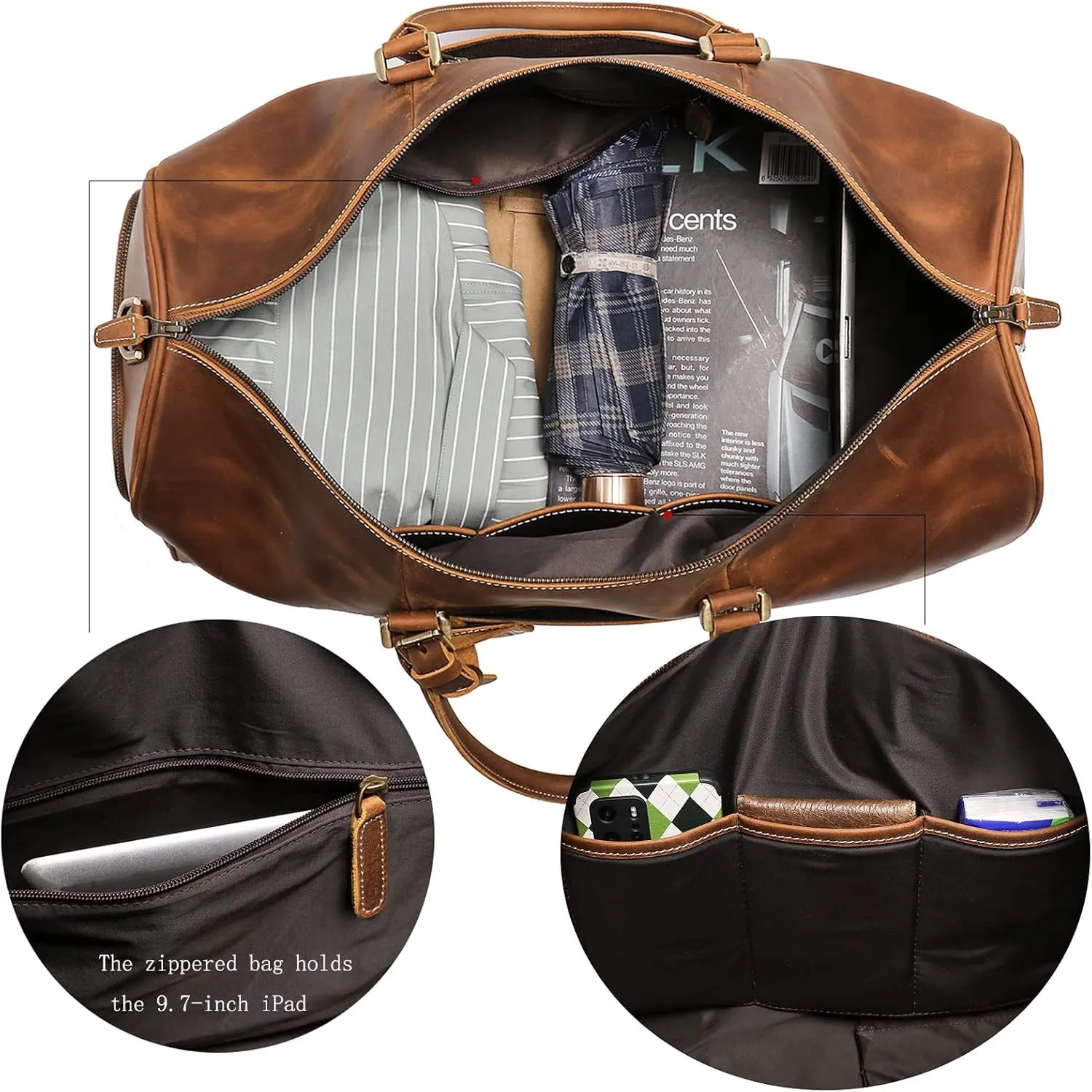 Mens Leather Duffel Bags Sport Vintage Leather Travel Gym Bag Weekender Overnight Classic Gift Genuine Gym Overnight Carry On Bag (Vintage Brown, 22 Inch)