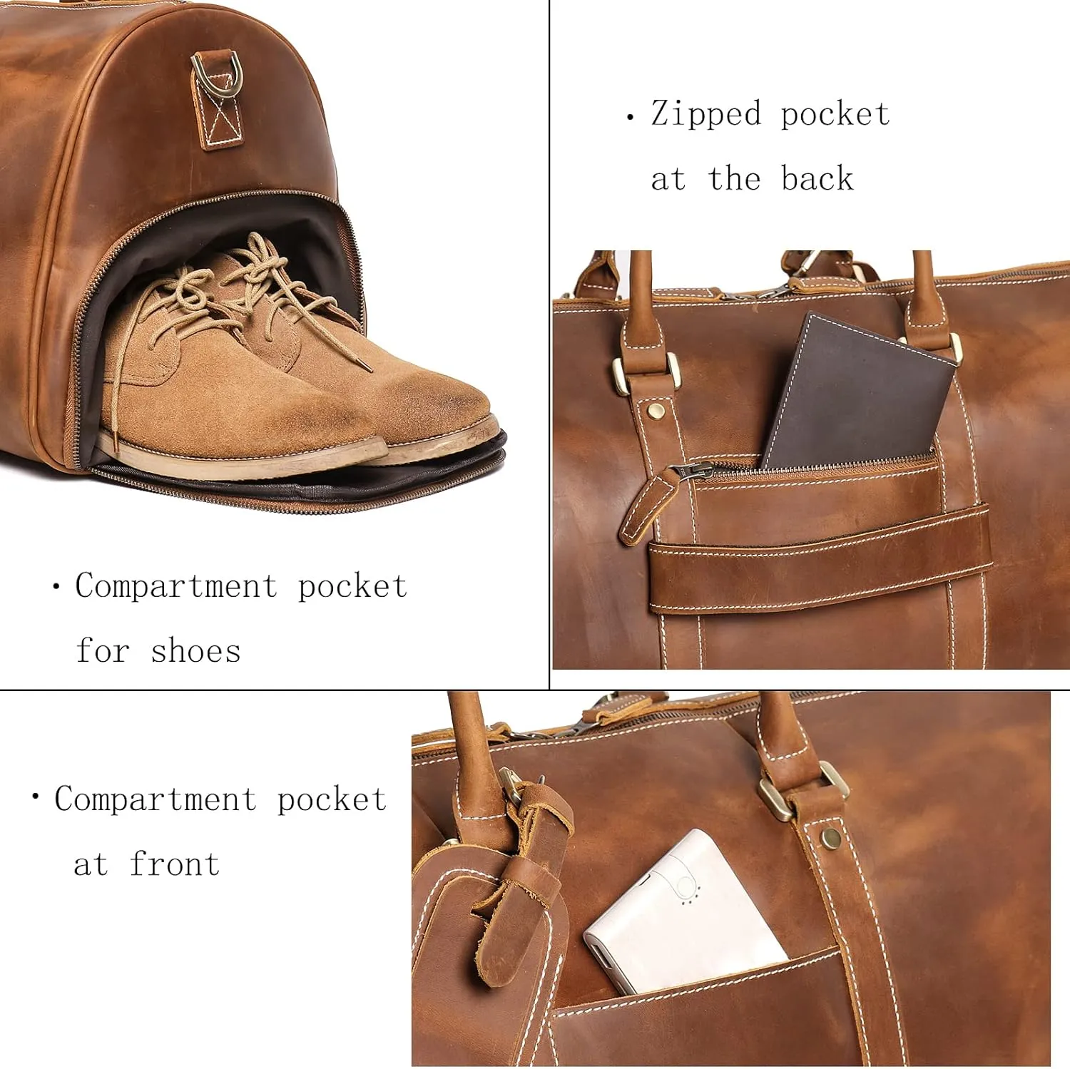 Mens Leather Duffel Bags Sport Vintage Leather Travel Gym Bag Weekender Overnight Classic Gift Genuine Gym Overnight Carry On Bag (Vintage Brown, 22 Inch)