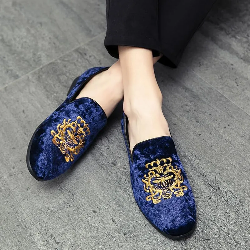 Men's Luxury Velvet Penny Loafers Shoes Embroidery Suede Dress Loafers Daily Boats Shoes for Party Wedding Prom Size 38-47