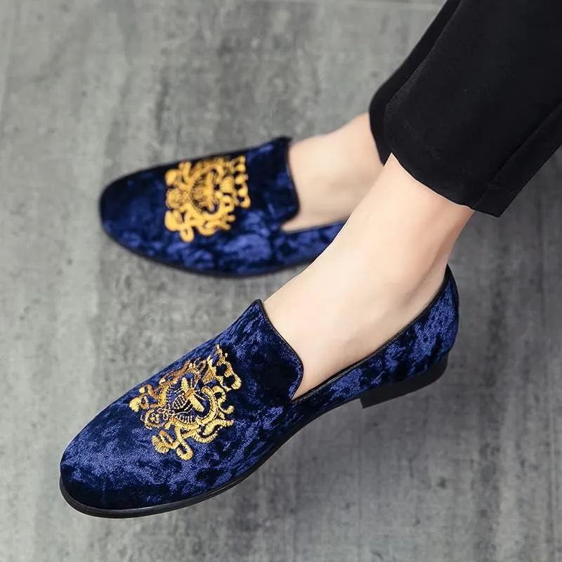 Men's Luxury Velvet Penny Loafers Shoes Embroidery Suede Dress Loafers Daily Boats Shoes for Party Wedding Prom Size 38-47