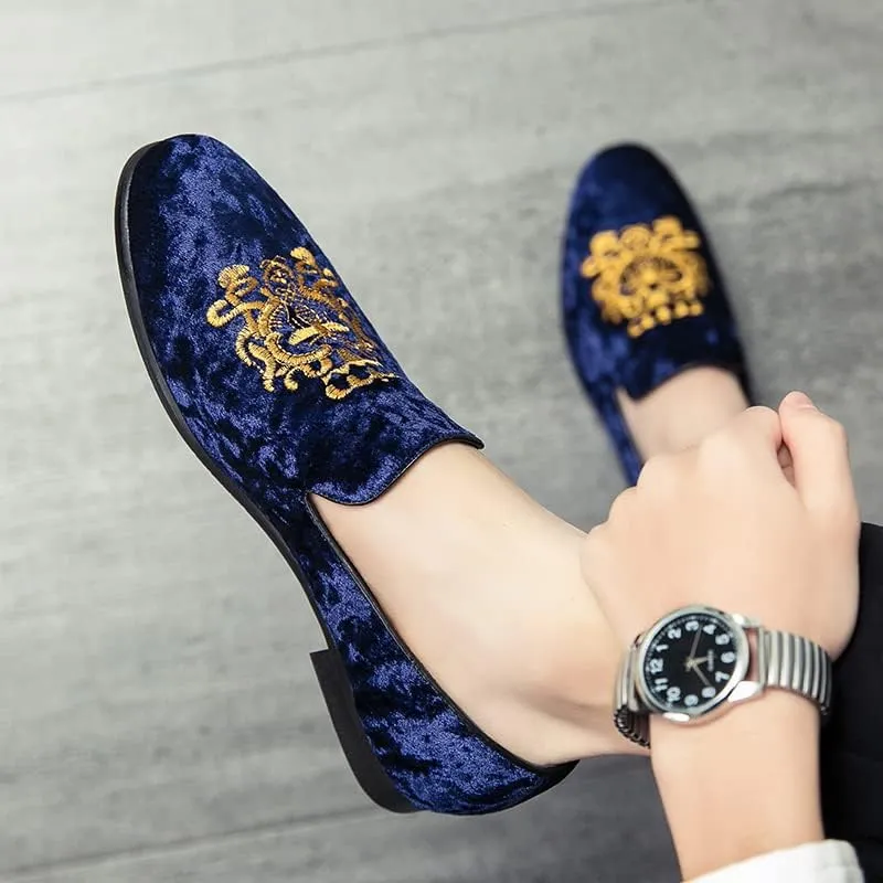 Men's Luxury Velvet Penny Loafers Shoes Embroidery Suede Dress Loafers Daily Boats Shoes for Party Wedding Prom Size 38-47