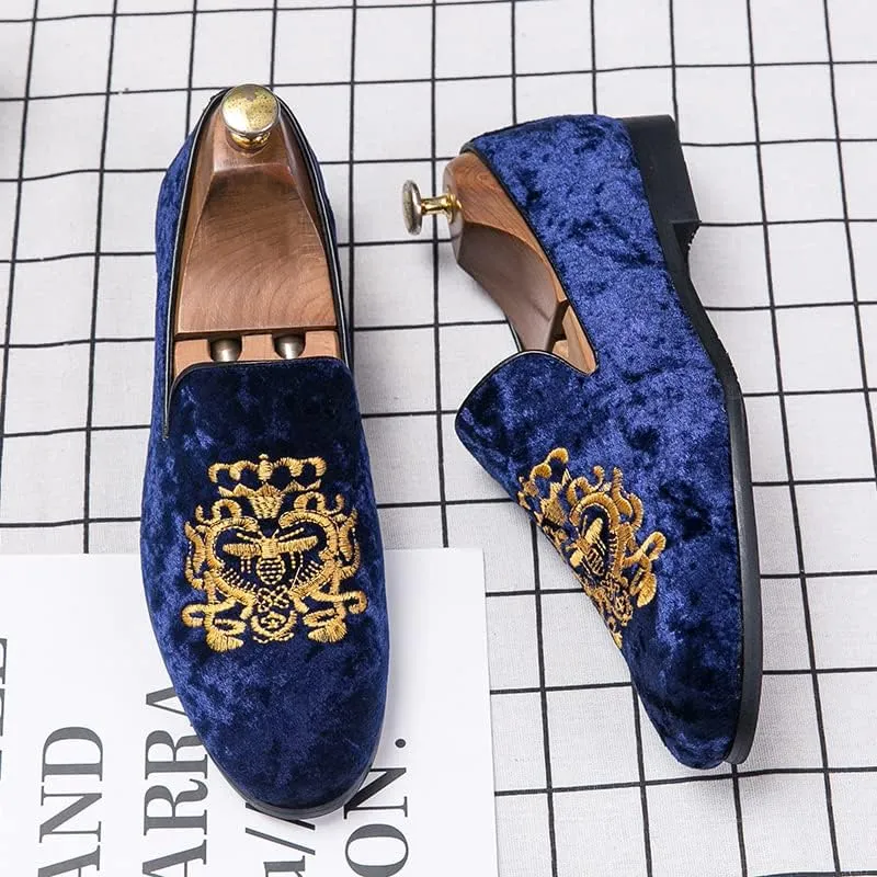 Men's Luxury Velvet Penny Loafers Shoes Embroidery Suede Dress Loafers Daily Boats Shoes for Party Wedding Prom Size 38-47
