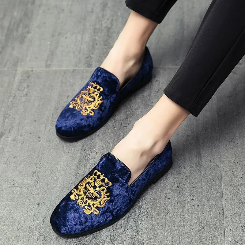 Men's Luxury Velvet Penny Loafers Shoes Embroidery Suede Dress Loafers Daily Boats Shoes for Party Wedding Prom Size 38-47