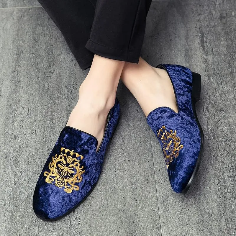 Men's Luxury Velvet Penny Loafers Shoes Embroidery Suede Dress Loafers Daily Boats Shoes for Party Wedding Prom Size 38-47