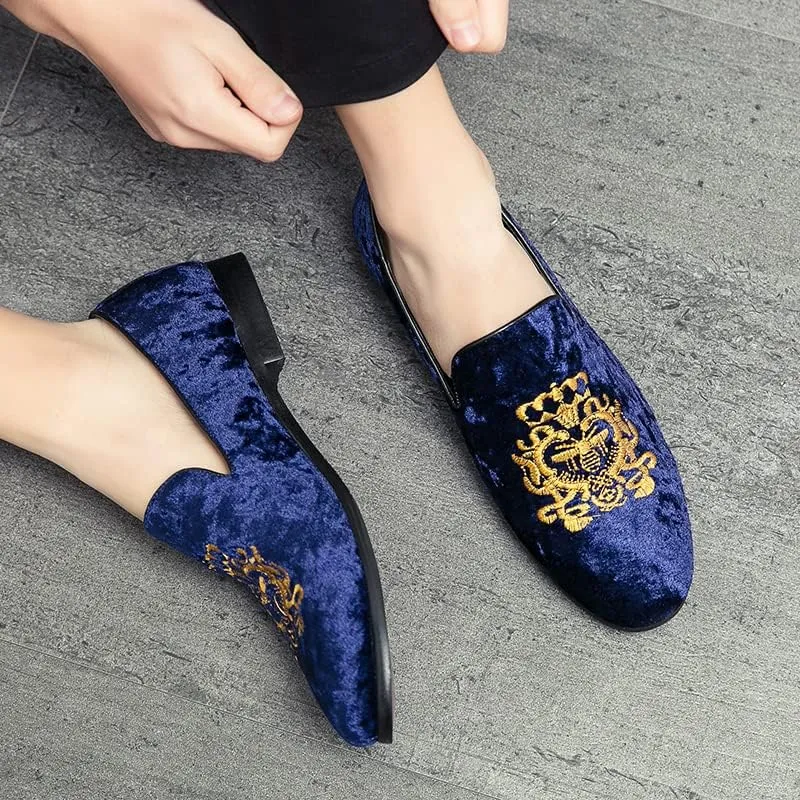 Men's Luxury Velvet Penny Loafers Shoes Embroidery Suede Dress Loafers Daily Boats Shoes for Party Wedding Prom Size 38-47