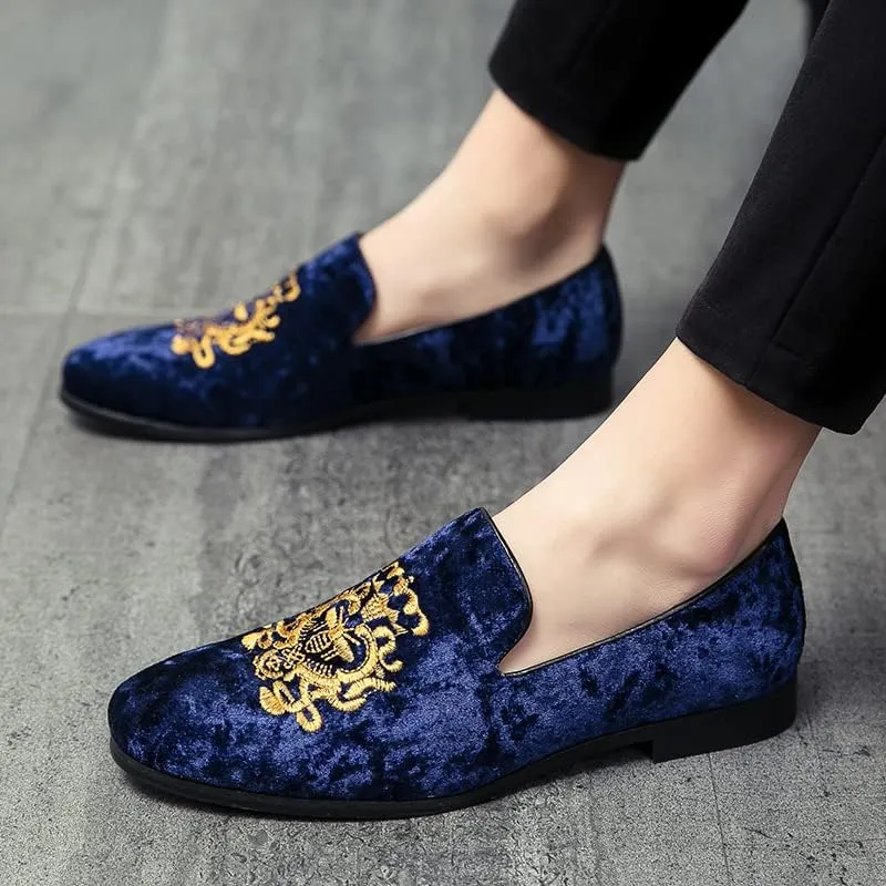 Men's Luxury Velvet Penny Loafers Shoes Embroidery Suede Dress Loafers Daily Boats Shoes for Party Wedding Prom Size 38-47