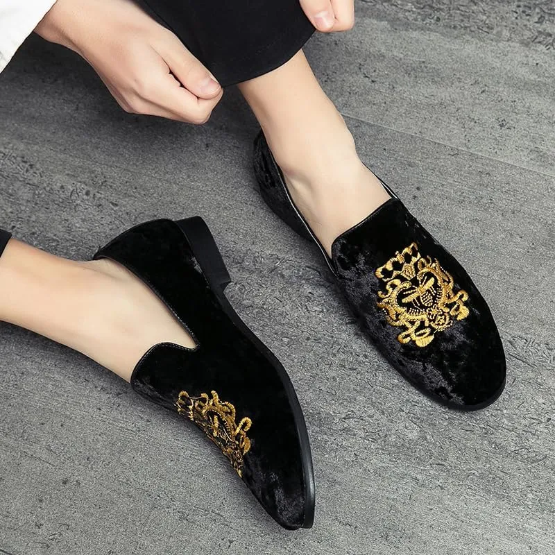 Men's Luxury Velvet Penny Loafers Shoes Embroidery Suede Dress Loafers Daily Boats Shoes for Party Wedding Prom Size 38-47