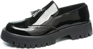 Men's Patent Leather Tassel Brogue Slip-On Platform Loafer Shoes with Fashion Round Toe Low Top Lug Sole Non-Slip Business Dress Shoes for Party Prom