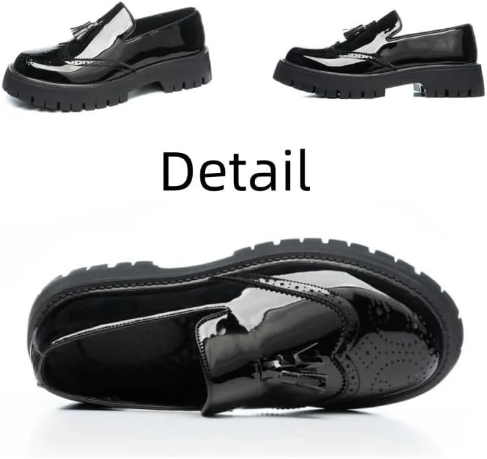 Men's Patent Leather Tassel Brogue Slip-On Platform Loafer Shoes with Fashion Round Toe Low Top Lug Sole Non-Slip Business Dress Shoes for Party Prom