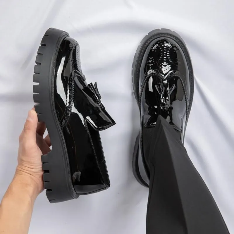 Men's Patent Leather Tassel Brogue Slip-On Platform Loafer Shoes with Fashion Round Toe Low Top Lug Sole Non-Slip Business Dress Shoes for Party Prom