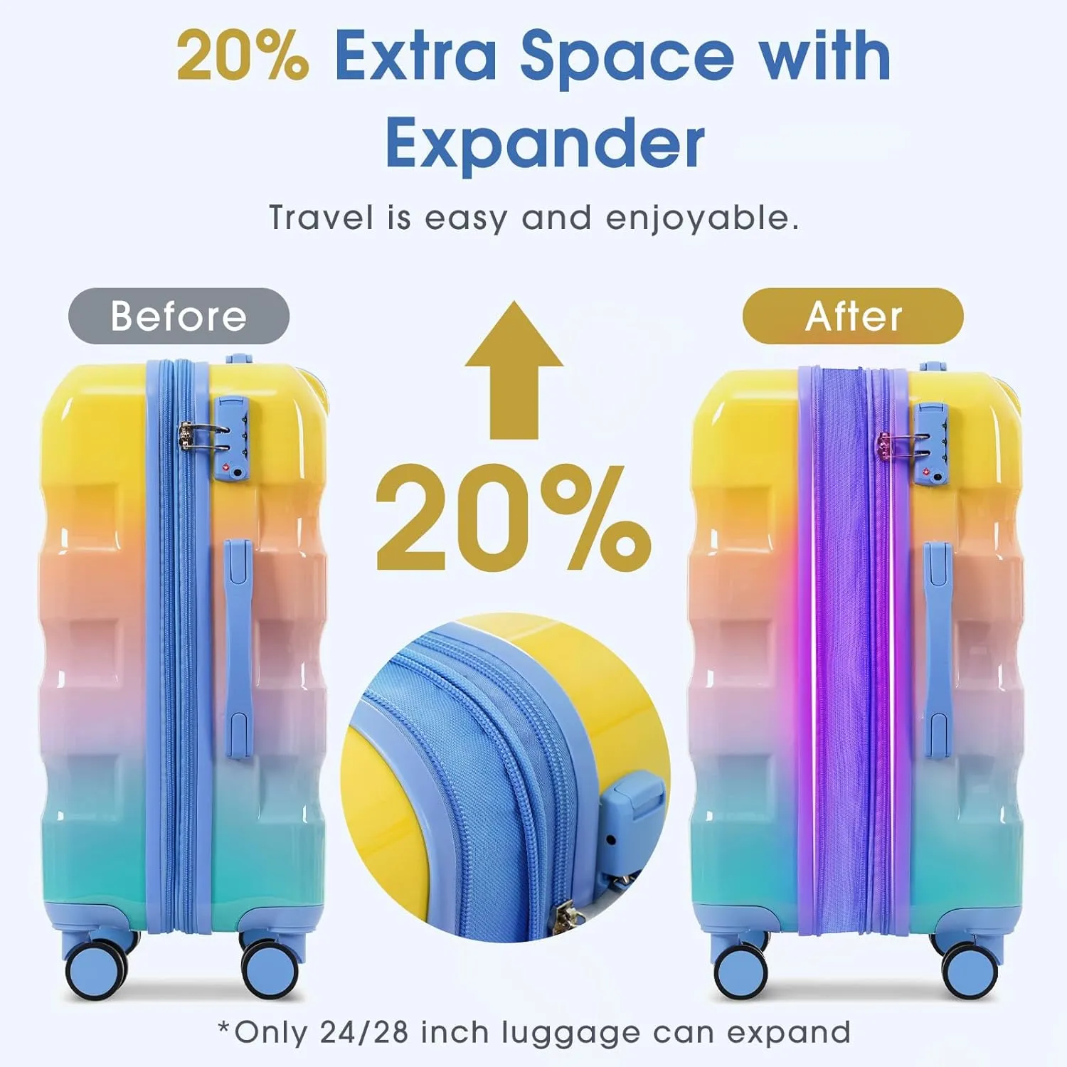 Merax Hardshell Luggage Set 3 Piece – 20"/24"/28" Expandable Colorful Glossy Suitcases with Spinner Wheels and TSA Lock, Lightweight Durable PC ABS for Stylish Travel (Orange and Blue)