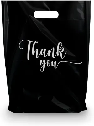 Merchandise Bags, Die Cut Handles, Strong, Durable, and Tear Resistant Bags Perfect for Retail, Boutiques, or Any Events, Different sizes and colors (Black Thank You, 12x15 Inch (Pack of 100))