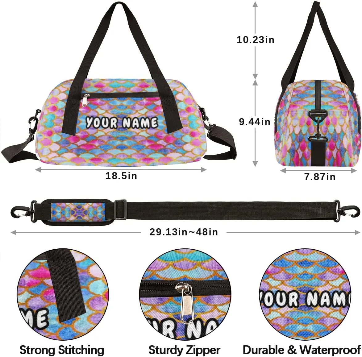 Mermaid Fish Scales Summer Personalized Kids Duffel Bag for Girls, Mermaid Debris Custom Name Dance Bag Overnight Small Duffel Bag Carry On Weekend Travel Bag for School Practice Gymnastics Ballet