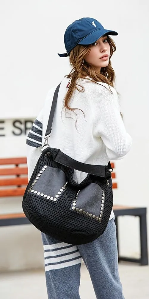 Mesh Bag for Women Punk Rivet Studded Purse Large Retro Shoulder Bags Hobo Tote Handbags Multi Pockets Summer 2025