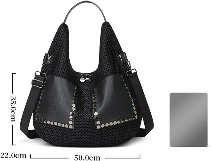 Mesh Bag for Women Punk Rivet Studded Purse Large Retro Shoulder Bags Hobo Tote Handbags Multi Pockets Summer 2025