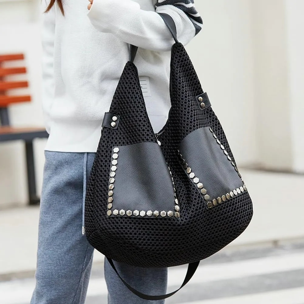 Mesh Bag for Women Punk Rivet Studded Purse Large Retro Shoulder Bags Hobo Tote Handbags Multi Pockets Summer 2025