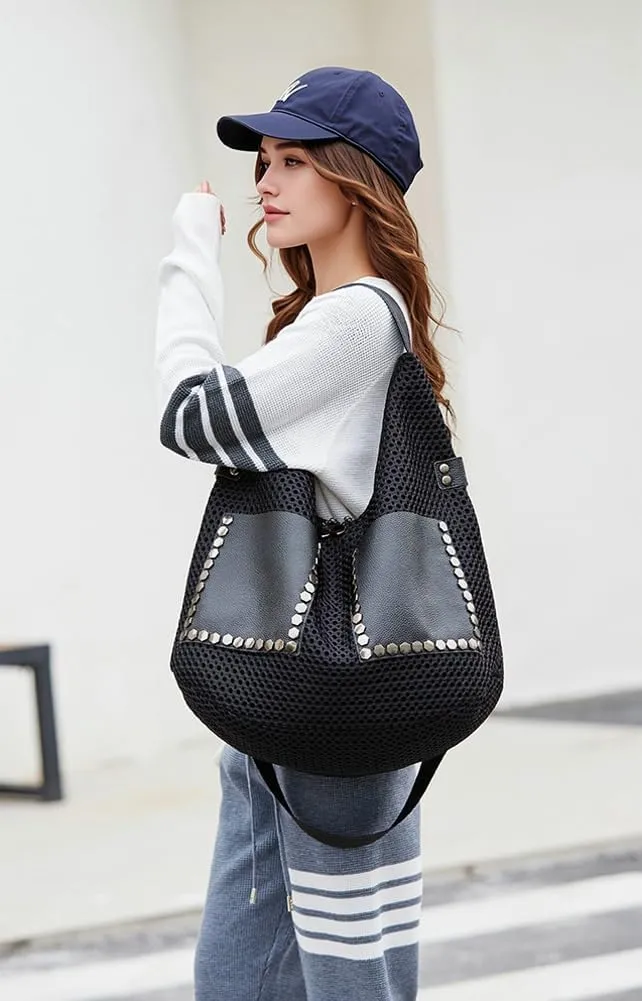 Mesh Bag for Women Punk Rivet Studded Purse Large Retro Shoulder Bags Hobo Tote Handbags Multi Pockets Summer 2025