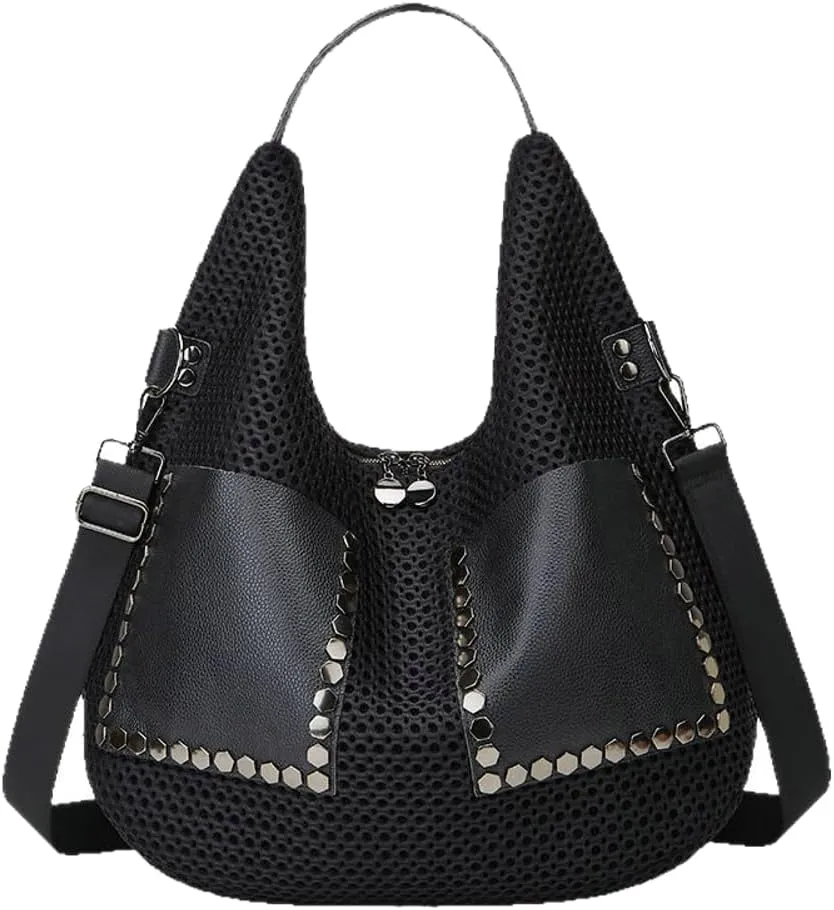 Mesh Bag for Women Punk Rivet Studded Purse Large Retro Shoulder Bags Hobo Tote Handbags Multi Pockets Summer 2025