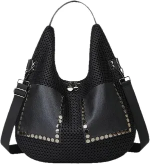 Mesh Bag for Women Punk Rivet Studded Purse Large Retro Shoulder Bags Hobo Tote Handbags Multi Pockets Summer 2025