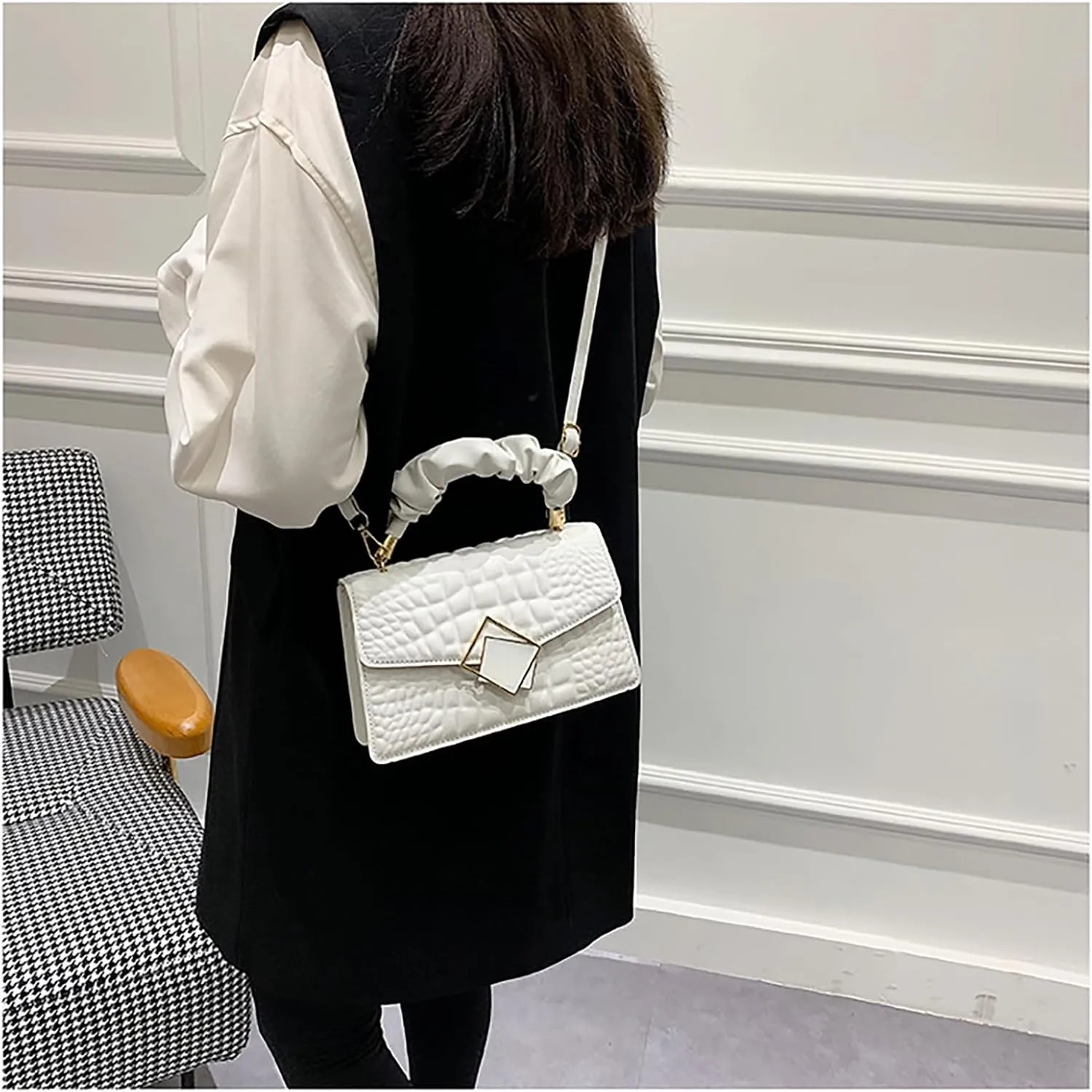 Metal Detail Top Handle Square Bag Textured Small Totes Cross Body Bag for Women