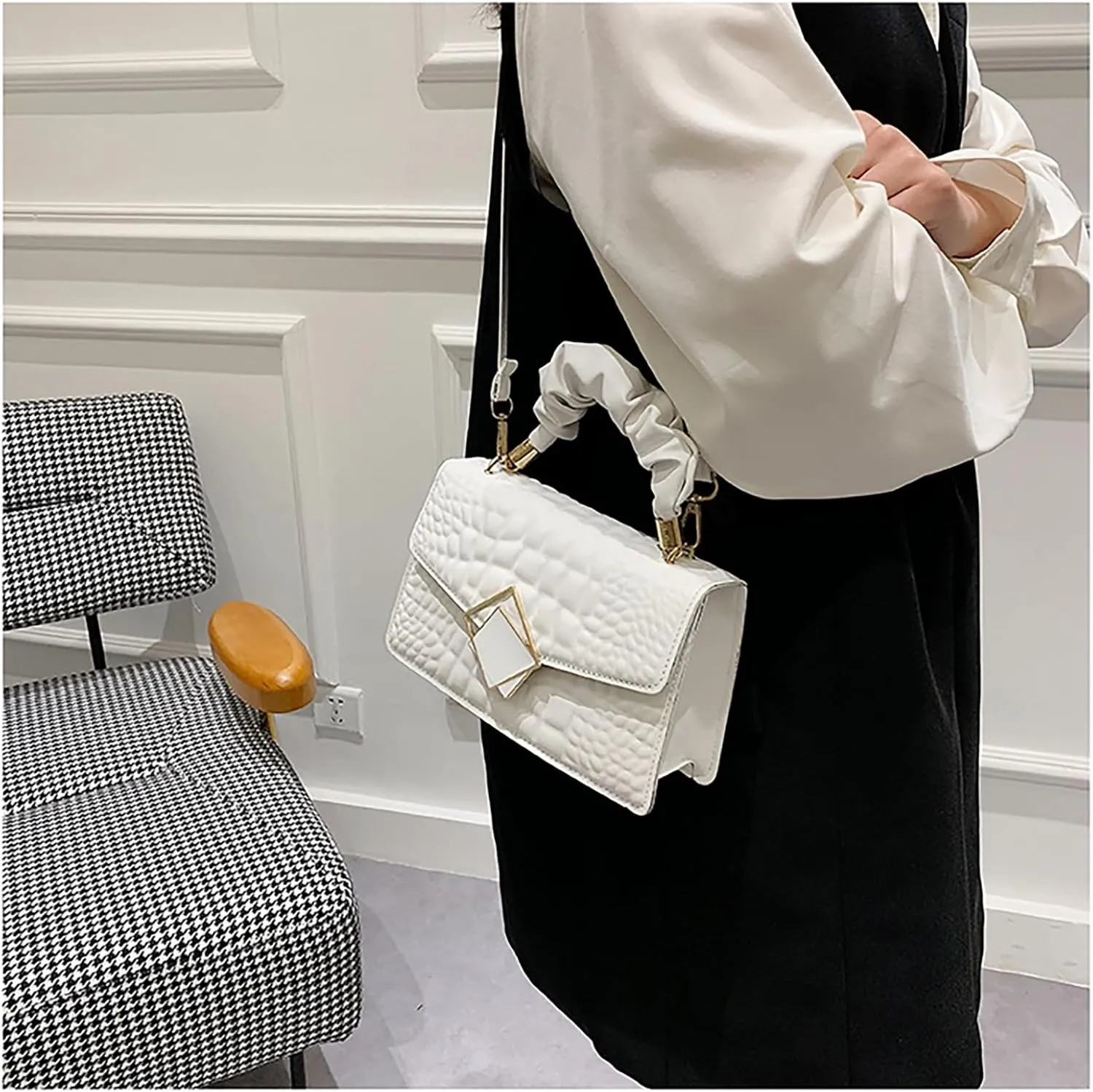 Metal Detail Top Handle Square Bag Textured Small Totes Cross Body Bag for Women