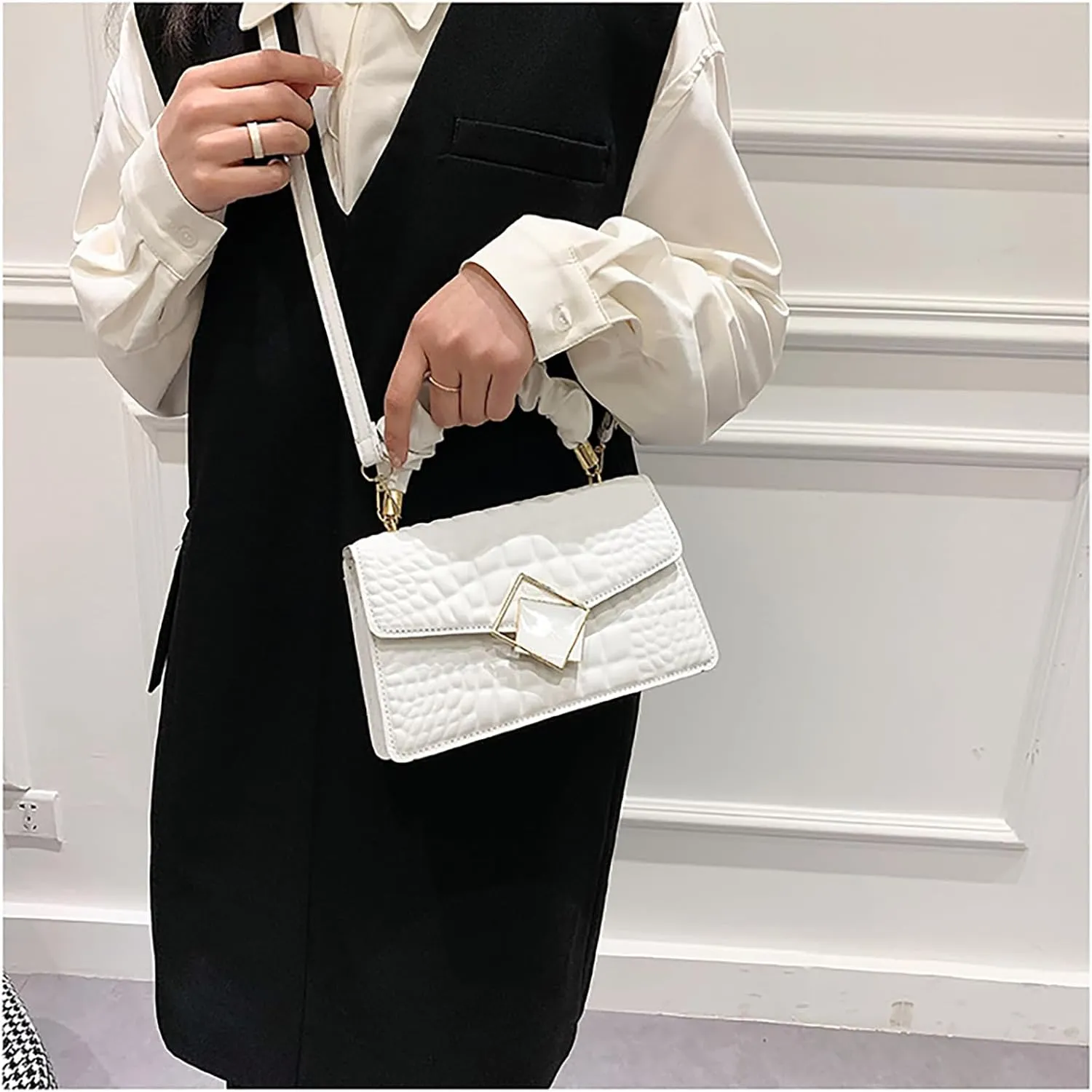 Metal Detail Top Handle Square Bag Textured Small Totes Cross Body Bag for Women