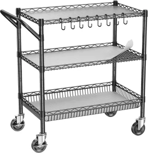 Metal Rolling Utility Cart with Wheels, 3 Tier Kitchen Carts with Storage, Large Service Cart 1050lbs with Handle Bar, Commercial Grade Cart for Kitchen, Laundry, Grocery